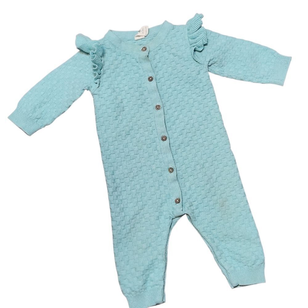 Kate Quinn 12-18 One Piece Romper Jumpsuit Blue Ruffle Knit 100% Organic Cotton